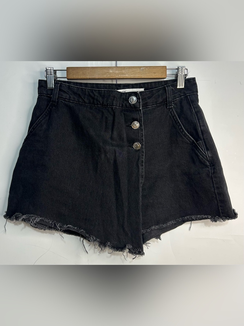 Zara Black Denim Button Front Crossover Raw Hem Skort Small